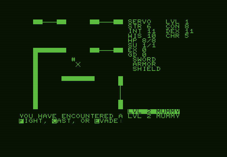 Telengard Commodore PET Screenshot: Encountered a mummy!