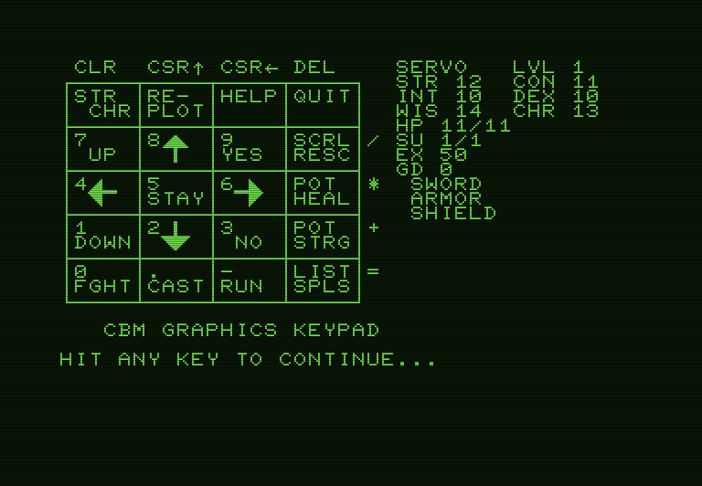 Telengard Commodore PET Screenshot: Help screen; here's the keys to use.