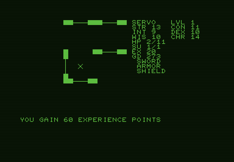 Telengard Commodore PET Screenshot: Gaining experience points after defeating an enemy.