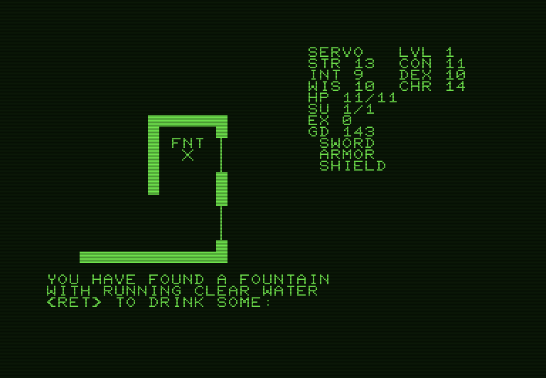 Telengard Commodore PET Screenshot: Found a fountain with healing water!