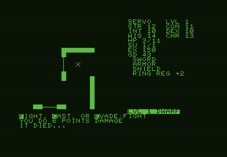 Telengard Commodore PET Screenshot: Attacking an opponent, and it died...