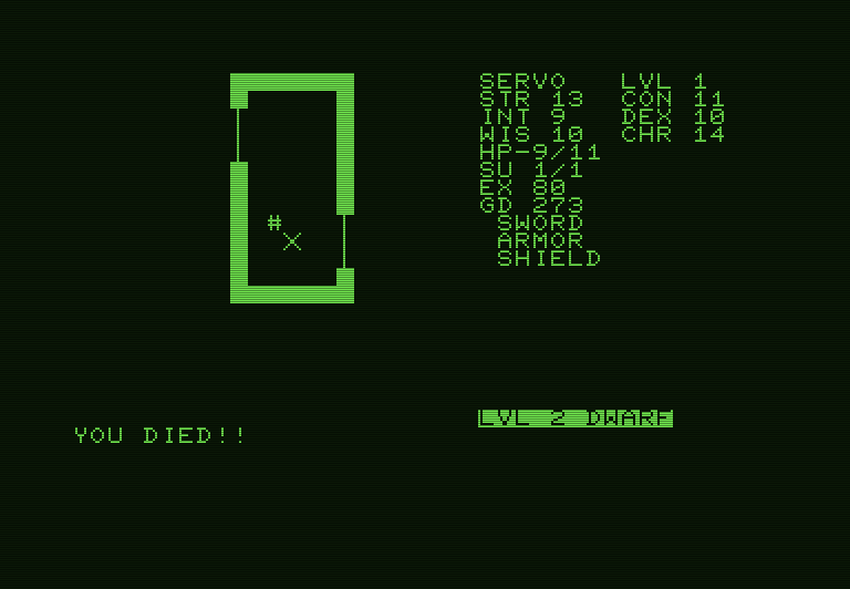 Telengard Commodore PET Screenshot: Uh oh, I died!