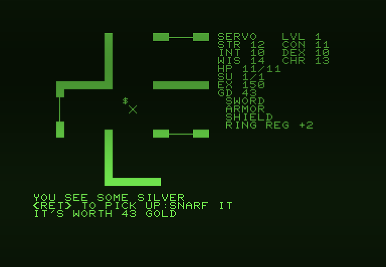 Telengard Commodore PET Screenshot: Picked up some silver...