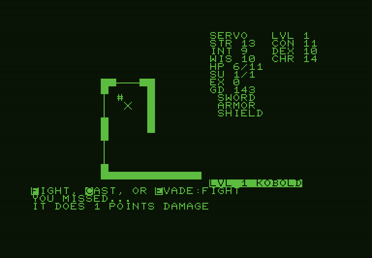 Telengard Commodore PET Screenshot: Kobold attacks and does 1 point damage.