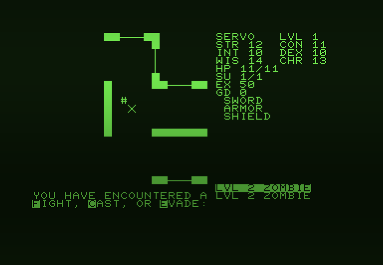 Telengard Commodore PET Screenshot: Encountered a zombie, should I fight?