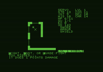 Telengard for Commodore PET - Kobold attacks and does 1 point damage.