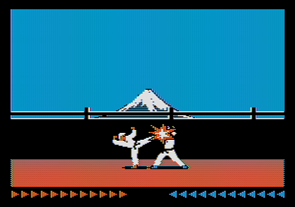 Karateka Apple II Screenshot: Hit my opponent...now I need to do this again a few more times!