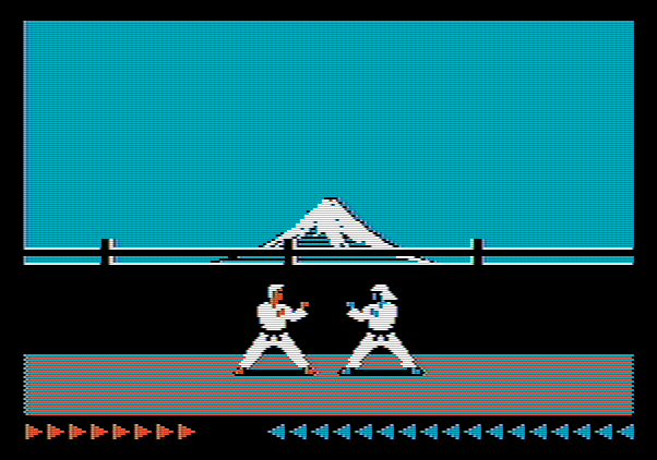 Karateka Apple II Screenshot: My next opponent has a lot more health than I do!