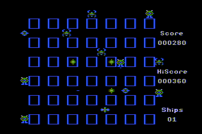 Crossfire Atari 8-bit Screenshot: Collect that green object for bonus points.
