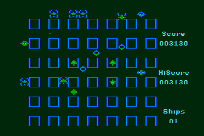 Crossfire Atari 8-bit Screenshot: Quite a few enemies waiting on the sidelines here...