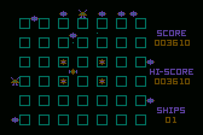 Crossfire Atari 8-bit Screenshot: Opponents emerge from the sides again...