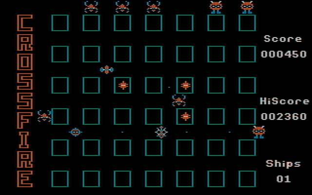 Crossfire IBM PC/Compatibles Screenshot: Make sure you don't get caught in the crossfire while blasting!
