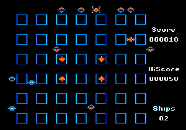 Crossfire Apple II Screenshot: Various opponents begin to appear...