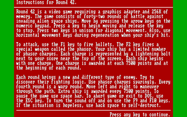 Round 42 IBM PC/Compatibles Screenshot: Game instructions.