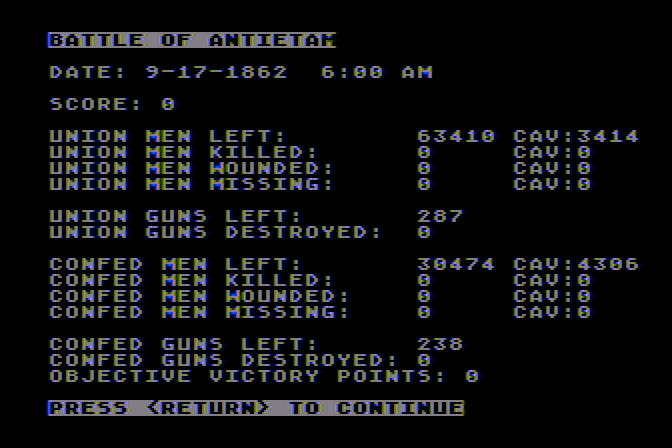 Battle of Antietam Atari 8-bit Screenshot: More game options...