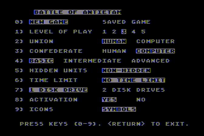 Battle of Antietam Atari 8-bit Screenshot: Game options menu.