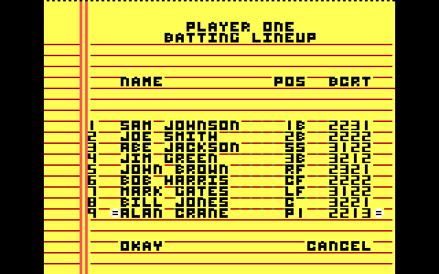Championship Baseball IBM PC/Compatibles Screenshot: Putting the batting lineup together.