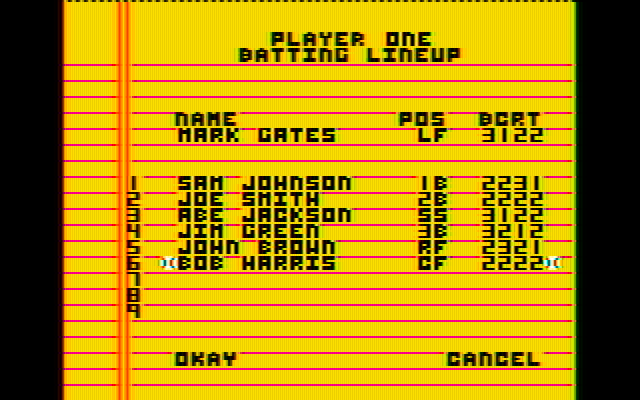 Championship Baseball IBM PC/Compatibles Screenshot: Creating the batting lineup.