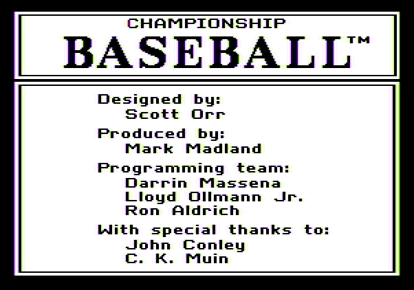 Championship Baseball Apple II Screenshot: Credits screen.