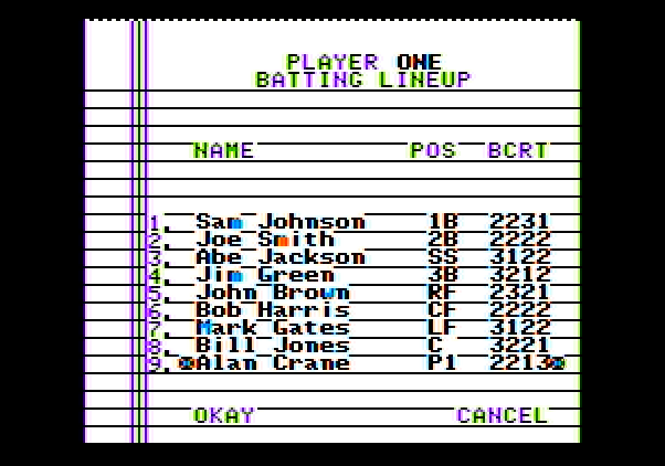 Championship Baseball Apple II Screenshot: Setting the batting lineup.