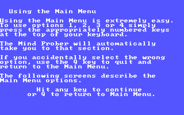 Mind Prober IBM PC/Compatibles Screenshot: One of the help screens.