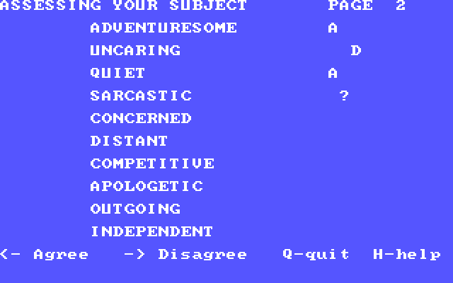 Mind Prober IBM PC/Compatibles Screenshot: Use the arrow keys to indicate if you agree or disagree with a quality.