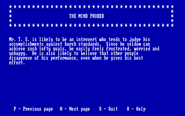 Mind Prober IBM PC/Compatibles Screenshot: Page one of the report.