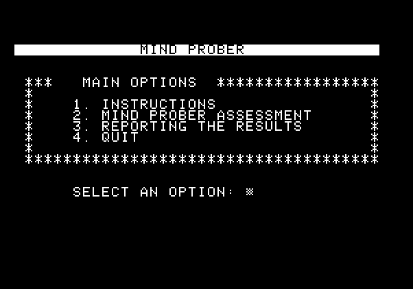 Mind Prober Apple II Screenshot: The main menu.