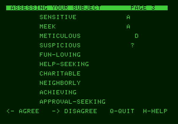 Mind Prober Apple II Screenshot: Answer if you agree or disagree with an assessment...