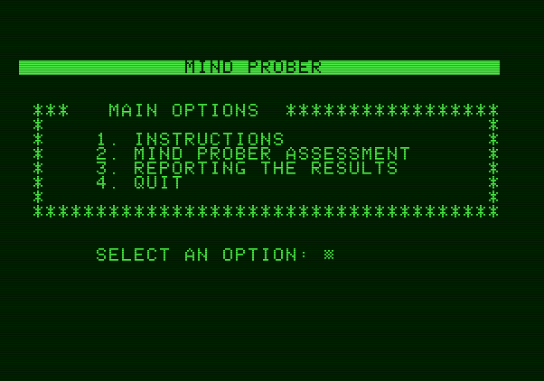 Mind Prober Apple II Screenshot: The main menu.