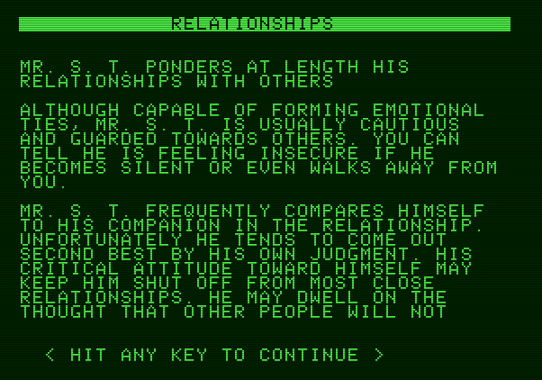 Mind Prober Apple II Screenshot: A sample of the results...