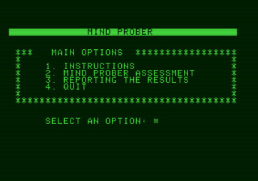 Mind Prober for Apple II - The main menu.