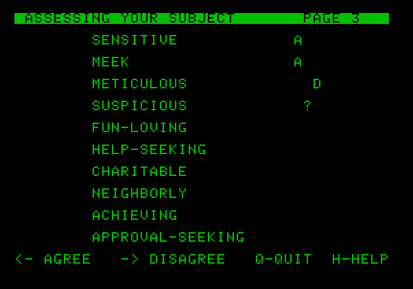 Mind Prober Apple II Screenshot: Answer if you agree or disagree with an assessment...