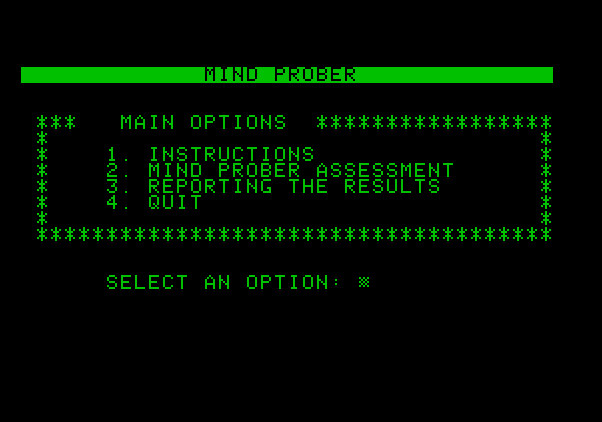 Mind Prober Apple II Screenshot: The main menu.