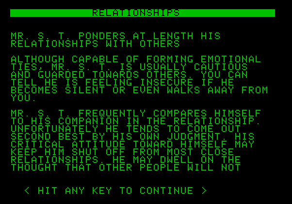 Mind Prober Apple II Screenshot: A sample of the results...