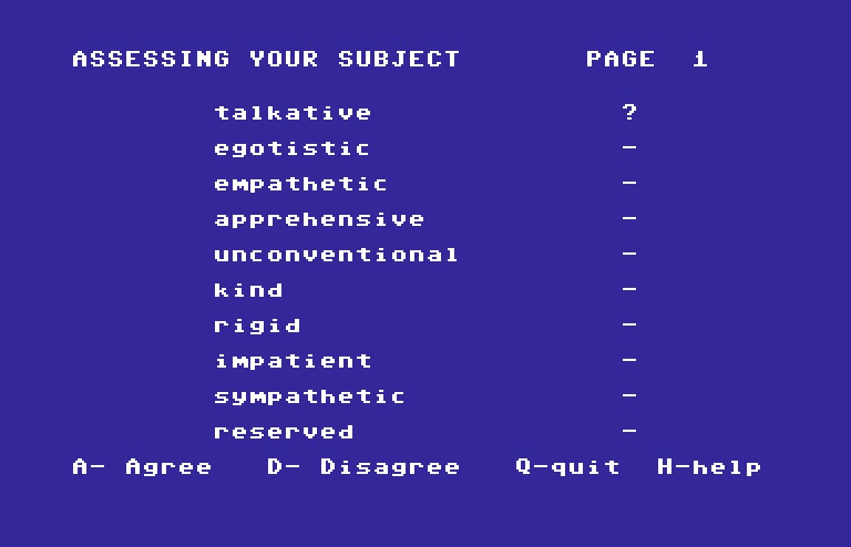 Mind Prober Commodore 64 Screenshot: Here are a few of the qualities you can assess...