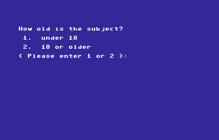 Mind Prober Commodore 64 Screenshot: How old is the subject?