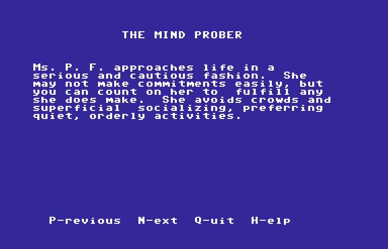 Mind Prober Commodore 64 Screenshot: Page 1 of the report...