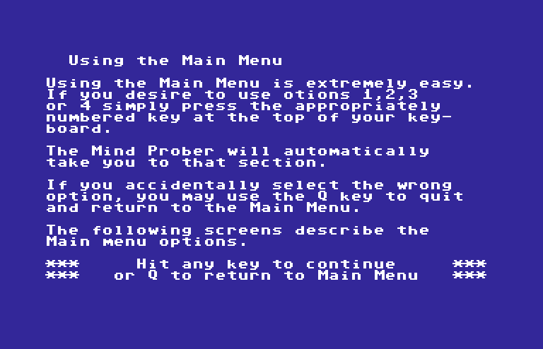 Mind Prober Commodore 64 Screenshot: Page 3 of questions to answer...