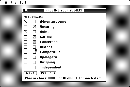 Mind Prober Macintosh Screenshot: Click on the check boxes to indicate if you agree or disagree with a statement.