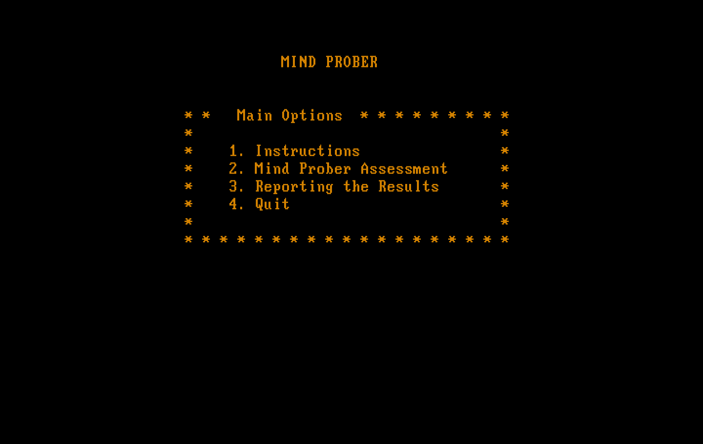 Mind Prober IBM PC/Compatibles Screenshot: The main menu.