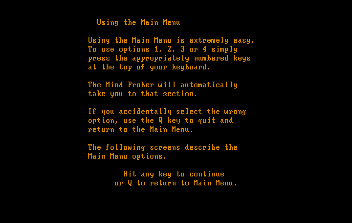 Mind Prober IBM PC/Compatibles Screenshot: Program instructions.