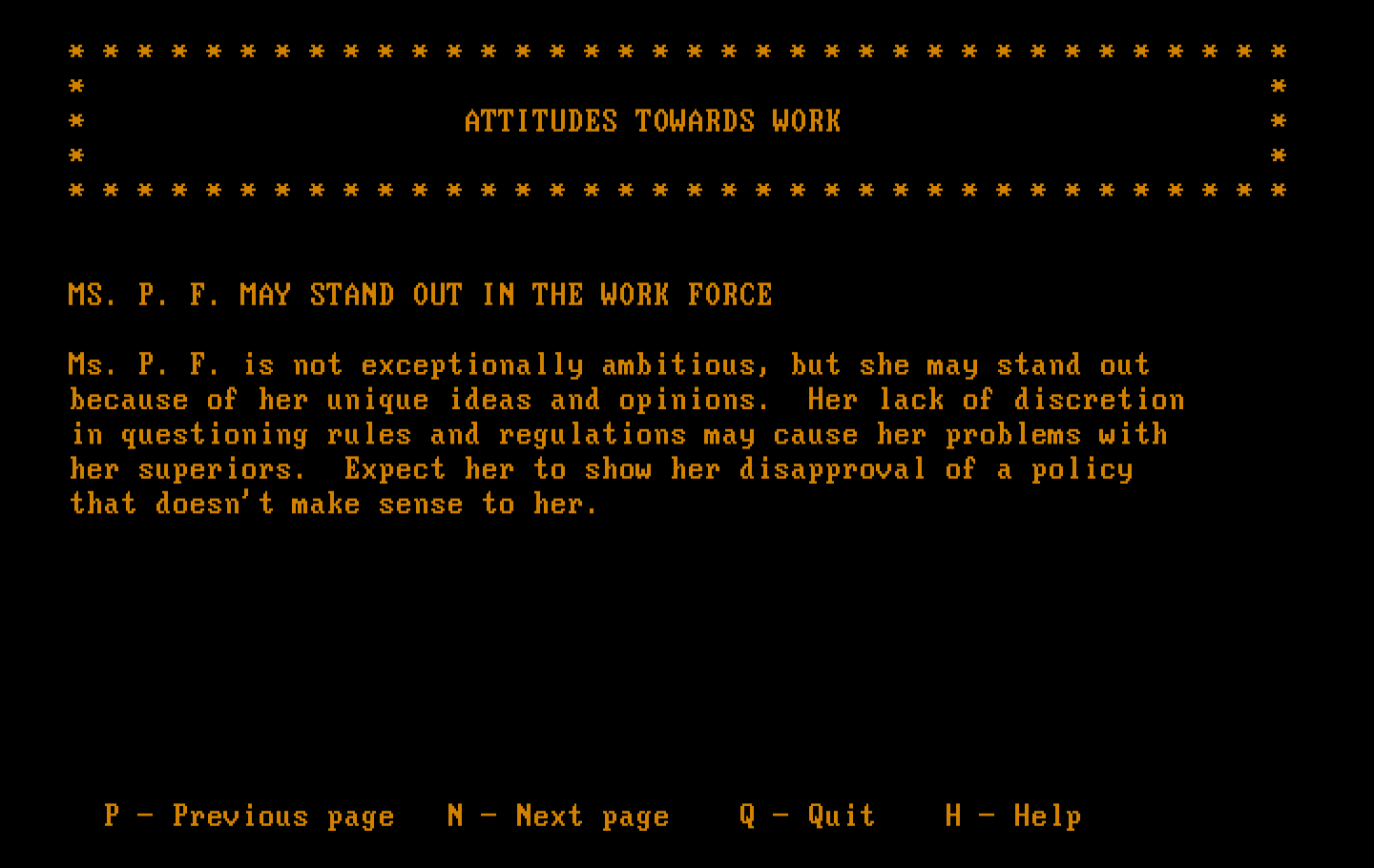 Mind Prober IBM PC/Compatibles Screenshot: The report spans several pages and topics...