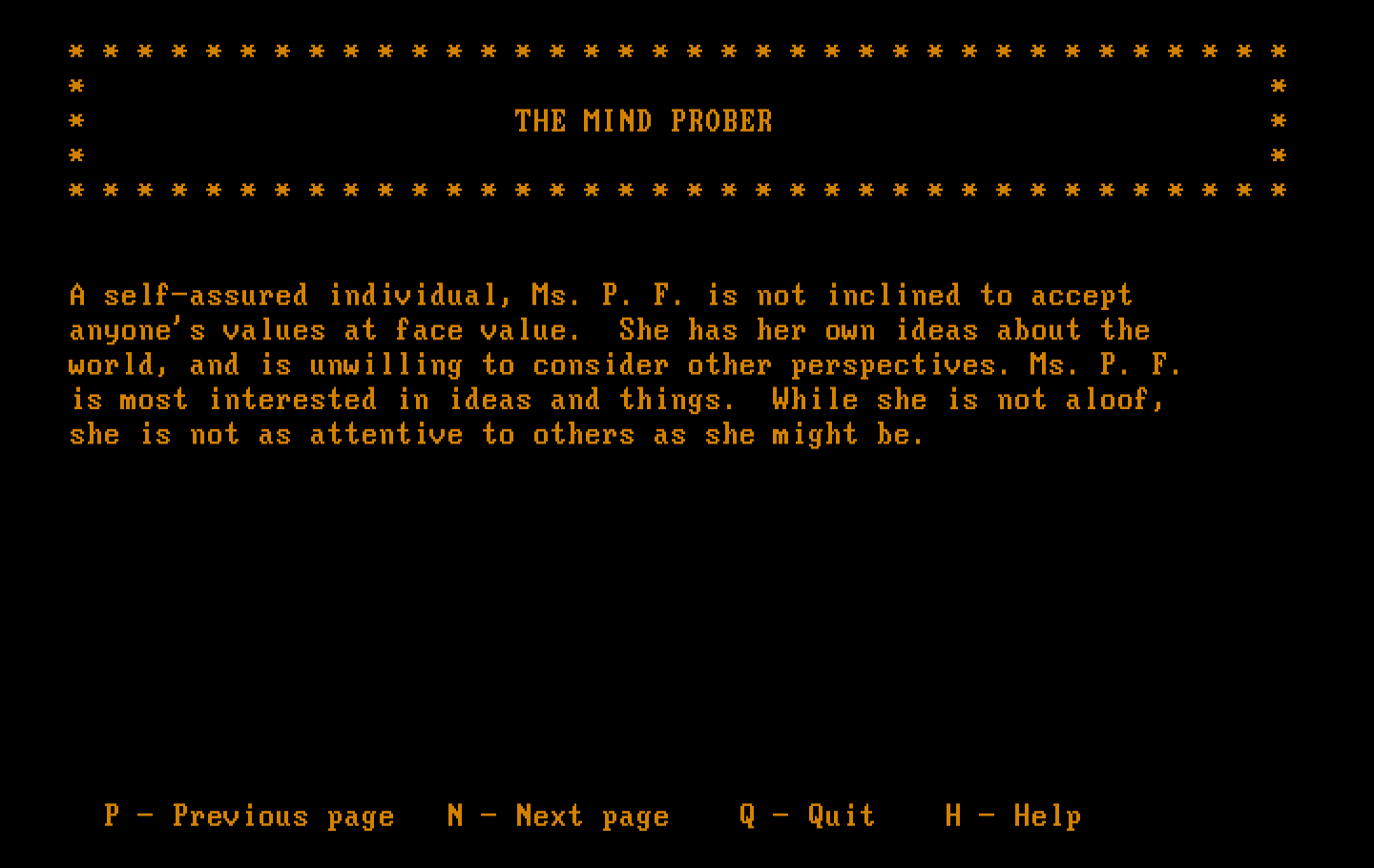 Mind Prober IBM PC/Compatibles Screenshot: Page 1 of the resulting report.