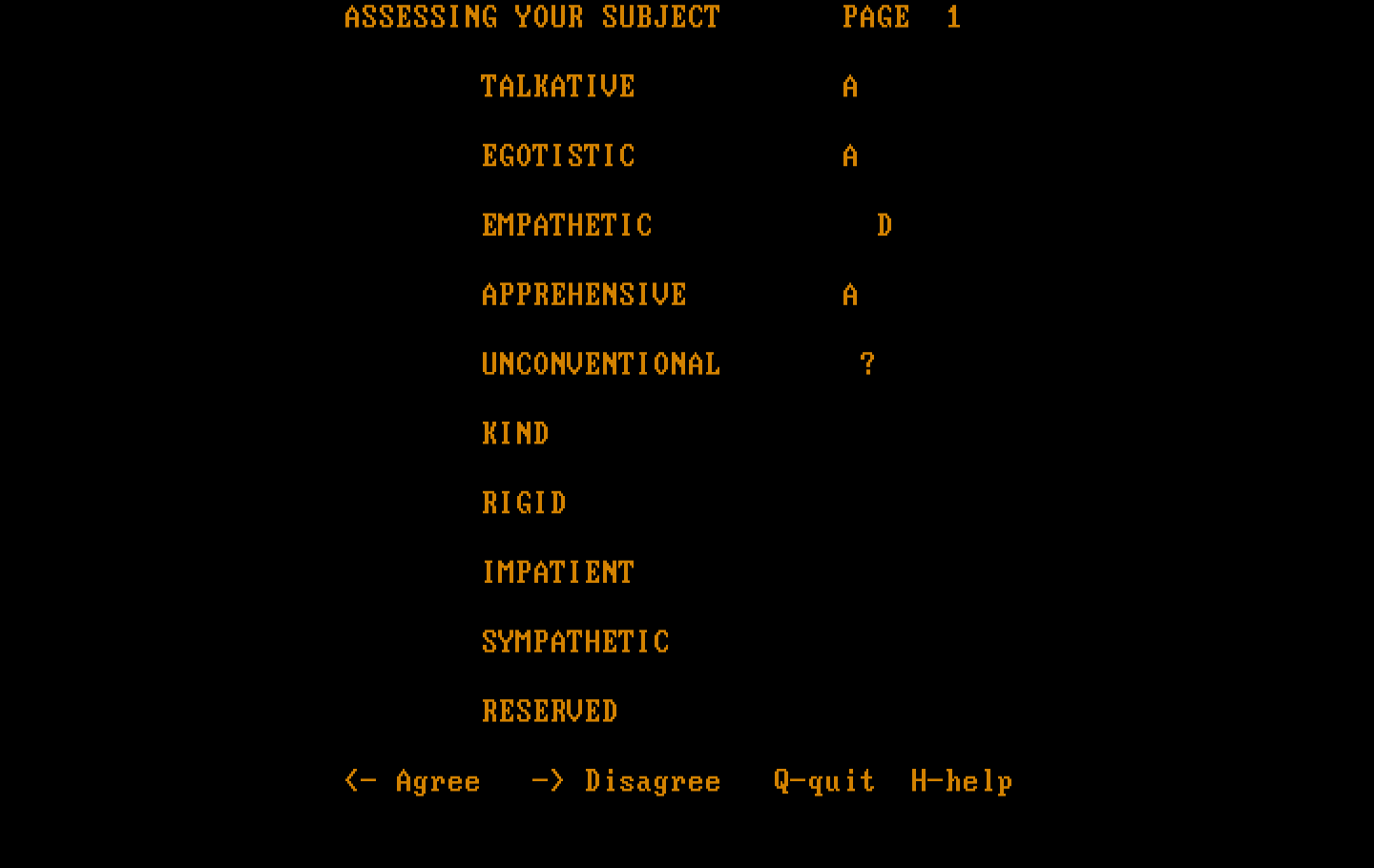 Mind Prober IBM PC/Compatibles Screenshot: The first page of questions about your new subject.