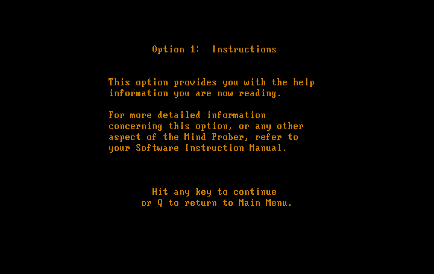 Mind Prober IBM PC/Compatibles Screenshot: Instructions continued...