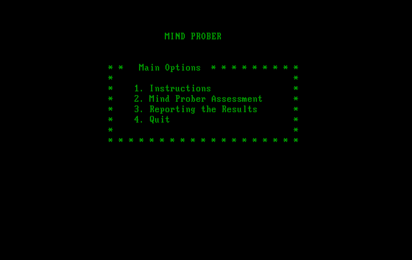 Mind Prober IBM PC/Compatibles Screenshot: The main menu.