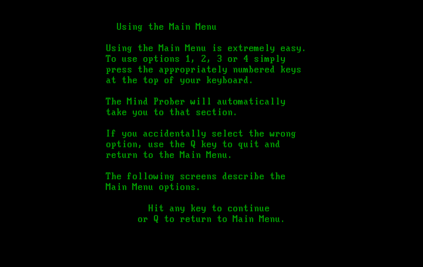 Mind Prober IBM PC/Compatibles Screenshot: Program instructions.