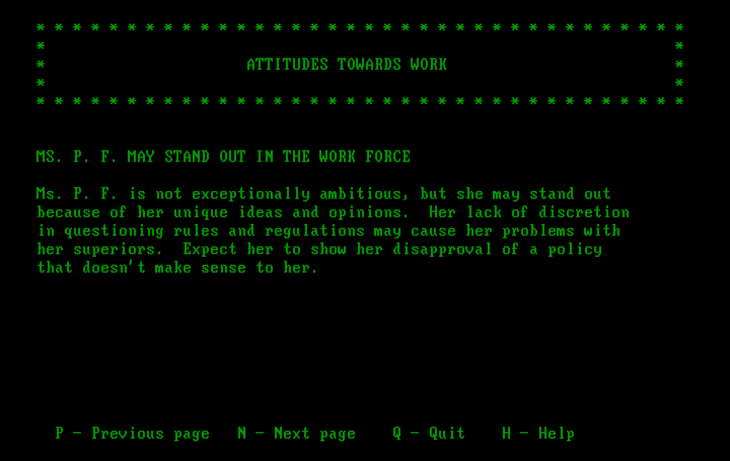Mind Prober IBM PC/Compatibles Screenshot: The report spans several pages and topics...