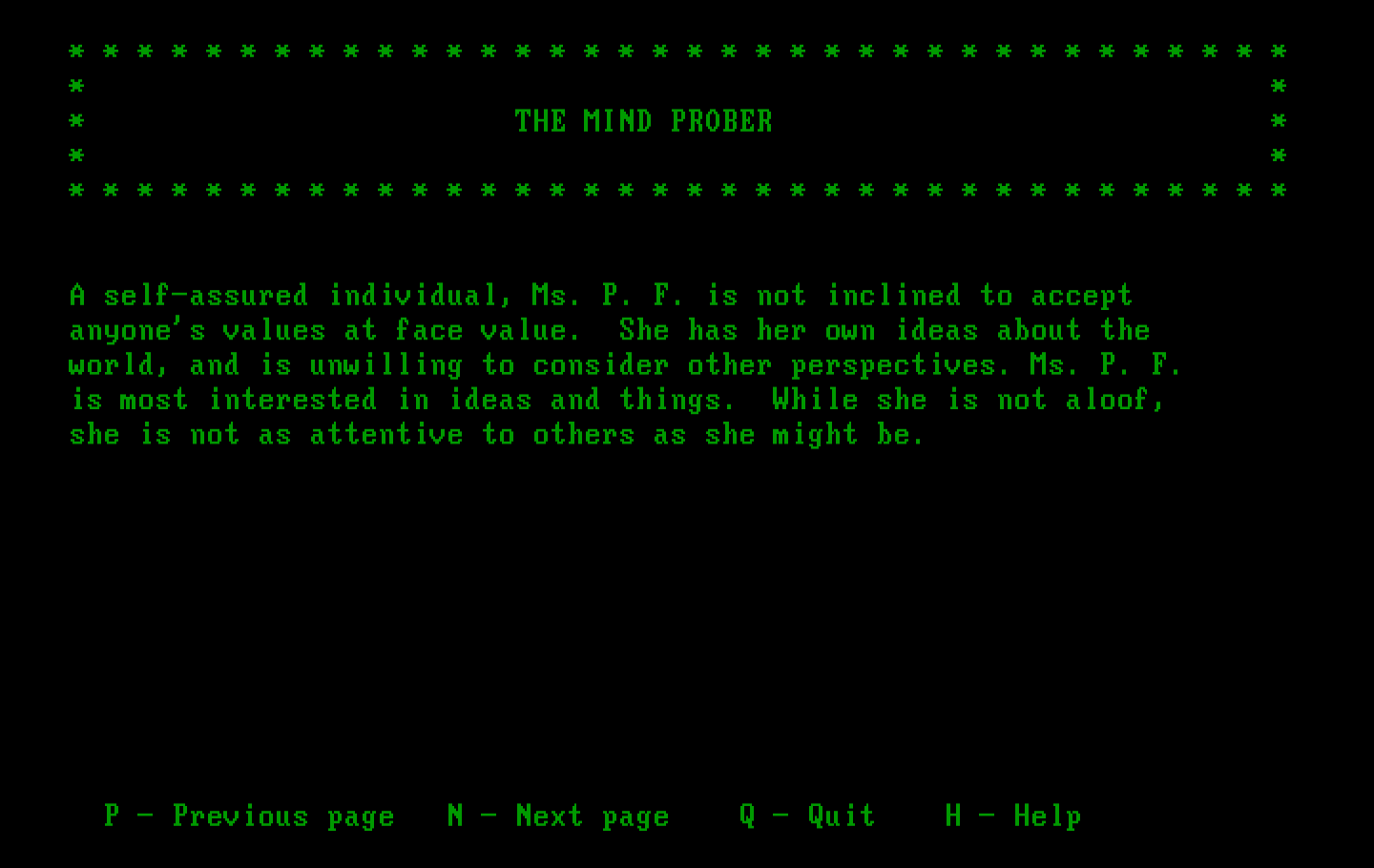 Mind Prober IBM PC/Compatibles Screenshot: Page 1 of the resulting report.